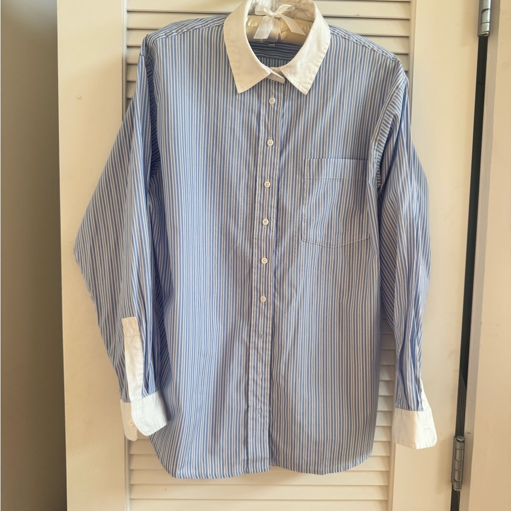 Reformation Blue Pinstripe Dress Shirt with White Contrast Collar